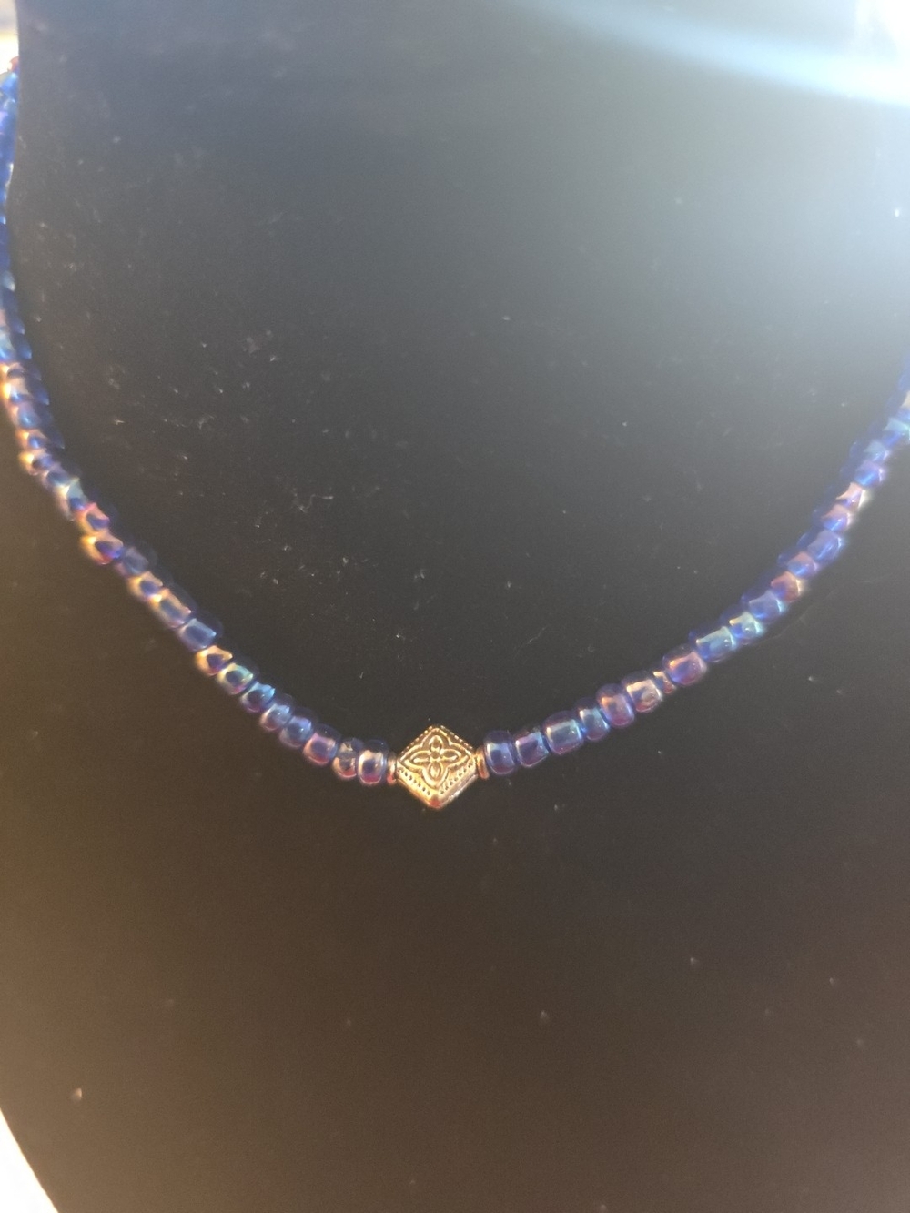 Iridescent Blue Seed Bead Necklace with Gold Accent Bead